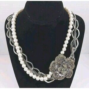 NY Signed Statement Necklace Rose Pearls Silver Multi Strand Marquisite Sparkle